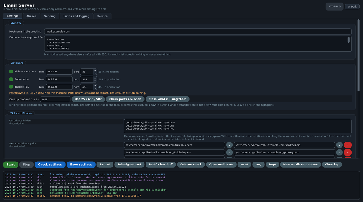 The Settings tab: hostname, domains, listeners and certificates