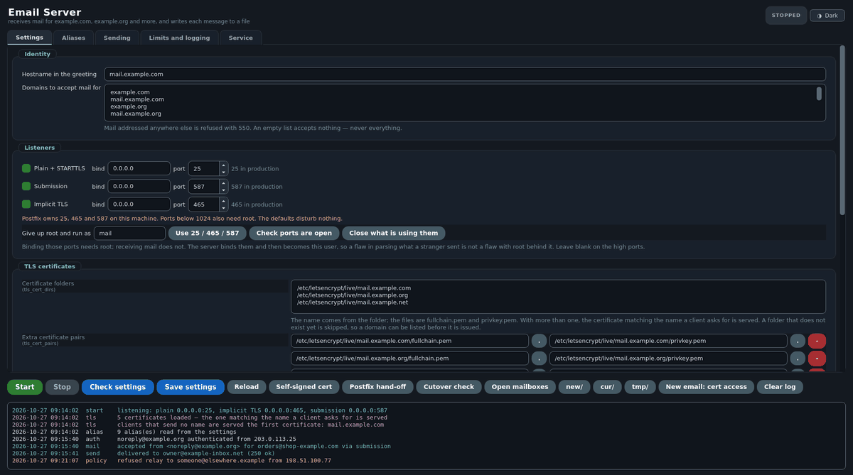 The five tabs of the LinuxBusiness Email Server window: Settings, Aliases, Sending, Limits and logging, Service